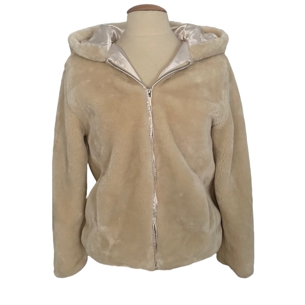 Say What? - Size Medium Tan Faux Fur Hooded Zip Front Jacket / Coat